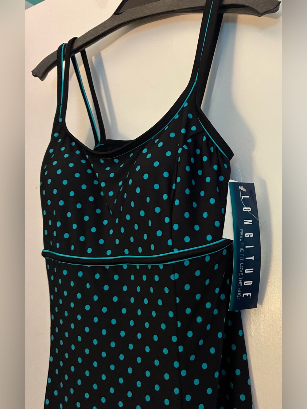 Longitude NWT Swim Dress with Attached Briefs, Black & Turquoise Dotted, Size 10